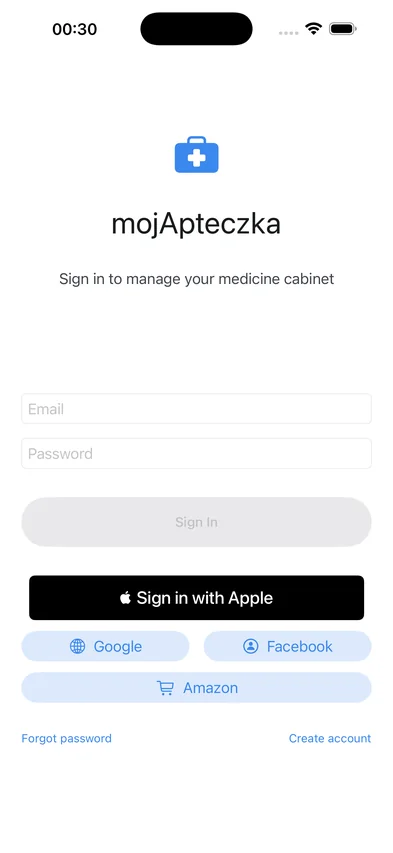 Ekran logowania z przyciskami Apple, Google, Facebook