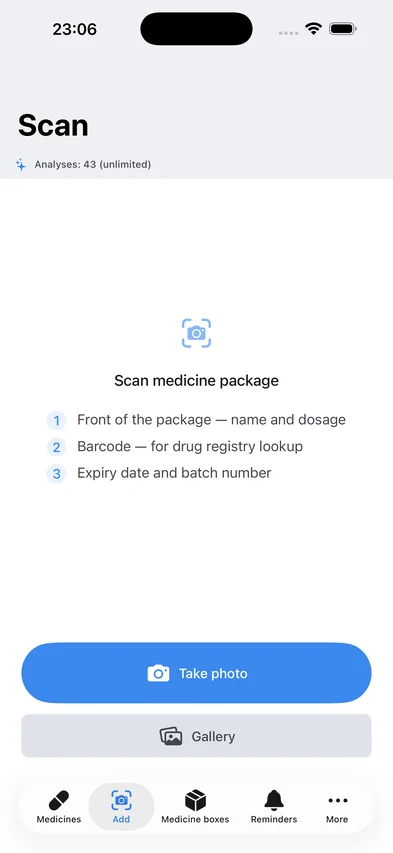 Ekran skanowania opakowania leku aparatem